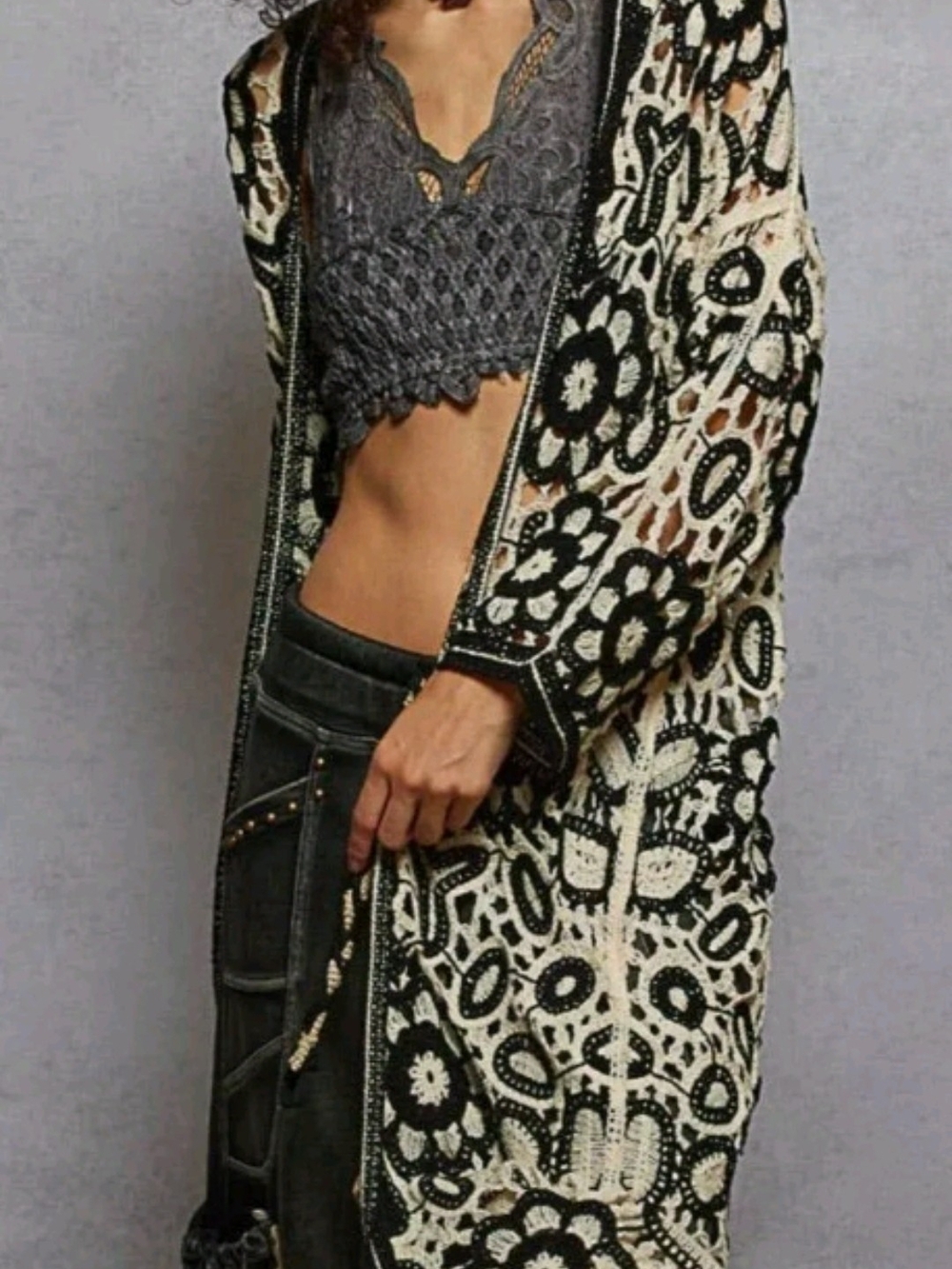 POL Boho Crochet Open-Front Cardigan Sweater - Black & Cream